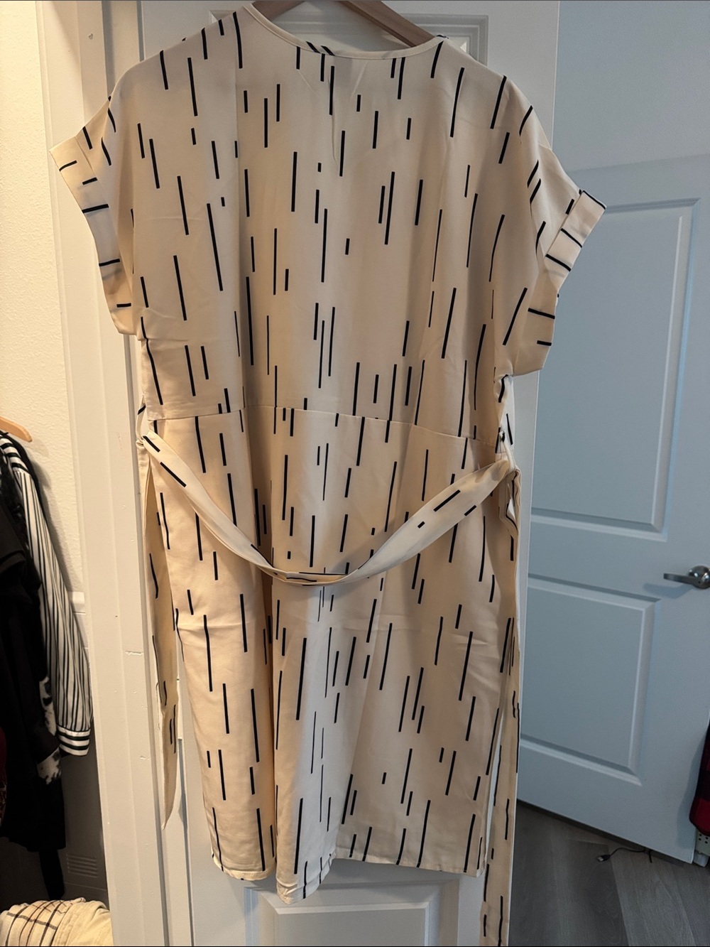 Beige Printed Midi Dress with Tie Waist - Picture 5 of 6
